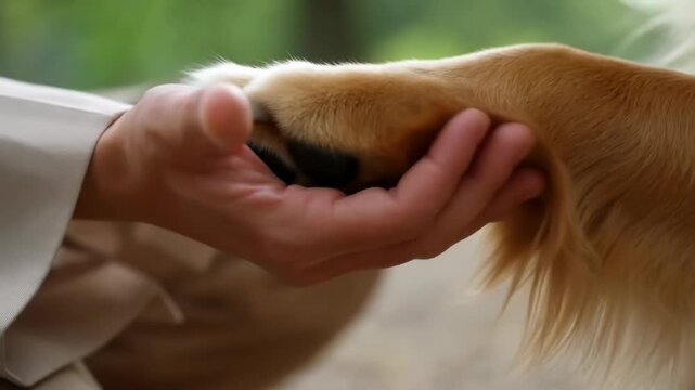 Close-up of a human hand gently holding a dog's paw, showcasing a moment of affection between pet and owner in a natural setting