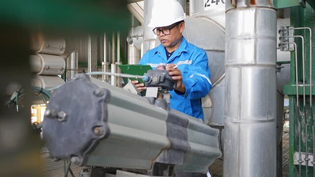 Industrial engineer checking refinery machinery and pipeline systems in a petroleum processing plant, illustrating technical inspection, safety management, and operational reliability in the energy in