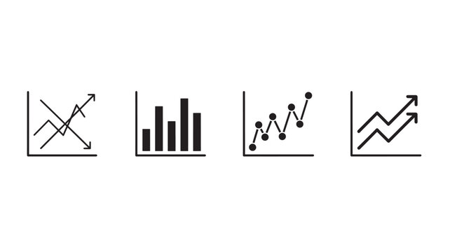 Graphs set with line charts, bar charts, and scatter plots illustrating upward and downward trends with arrows and data points.