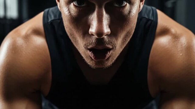 Sweaty muscular man in gym intense workout.