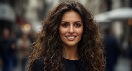 beautiful woman with long curly hair smiling on city street.