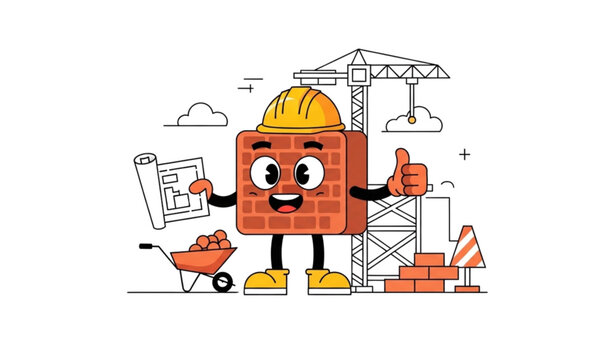 A cartoon brick character in a construction site with a hard hat and blueprint