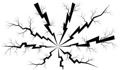 A black and white vector graphic illustration of lightning bolts radiating from a central point
