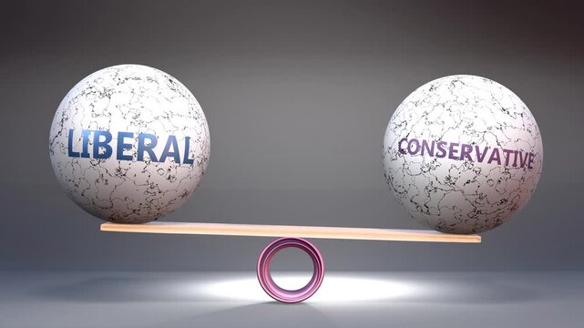 Liberal and conservative in balance - balancing stones on a scale symbolizing harmony, equity and equilibrium between liberal and conservative. Harmonious and beneficial situation.