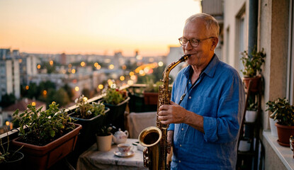 Fototapeta premium Senior man playing saxophone on a balcony at sunset with urban city view.