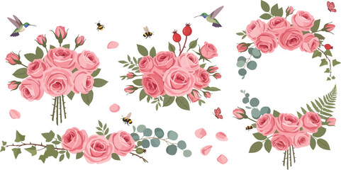 Beautiful pink roses and floral arrangements with butterflies and leaves on white background