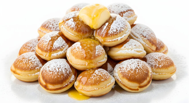 Fluffy mini Dutch pancakes with butter and powdered sugar, isolated on a plain white background