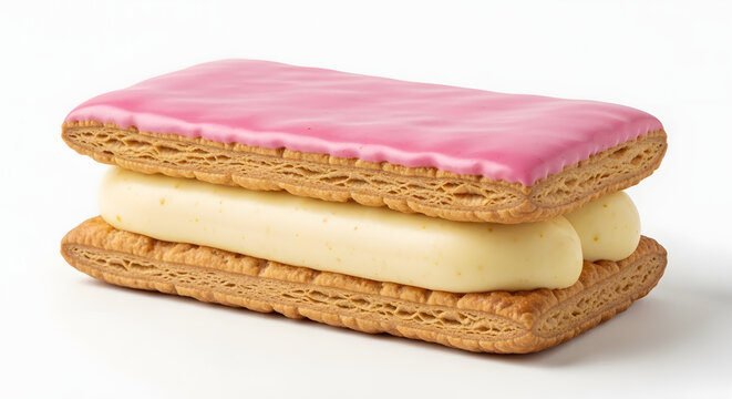 Iconic Dutch tompouce pastry with thick vanilla cream and bright pink icing, isolated on a solid white background