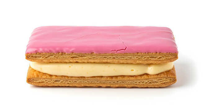 Iconic Dutch tompouce pastry with thick vanilla cream and bright pink icing, isolated on a solid white background
