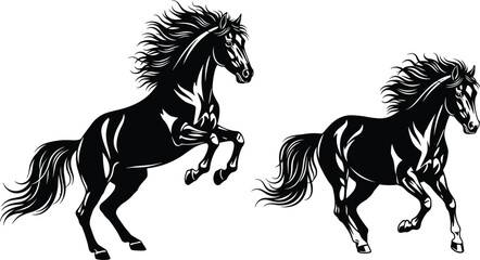 Horse silhouette collection, rearing posture outline, galloping figure design, flowing mane icon, equestrian motion illustration, animal strength art motif © Anonto