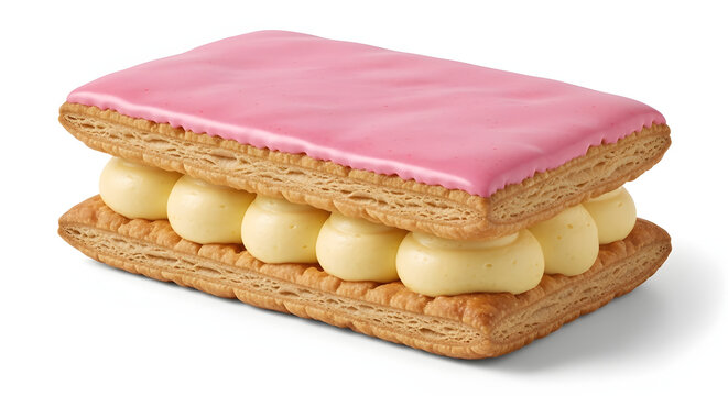 Iconic Dutch tompouce pastry with thick vanilla cream and bright pink icing, isolated on a solid white background