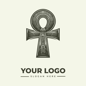 A vintage-style woodcut illustration of an ankh symbol with a circular top, accompanied by a logo placeholder and slogan on a beige background.