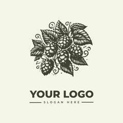 Fototapeta premium Vintage-style woodcut illustration of hops with leaves and decorative swirls, accompanied by a logo placeholder and slogan on a plain background.