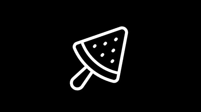 Simple white line icon of a watermelon slice on a stick against a black background