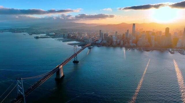 San Francisco Oakland Bay Bridge stretching towards the financial district during a vibrant sunset with orange and blue light. Aerial view.