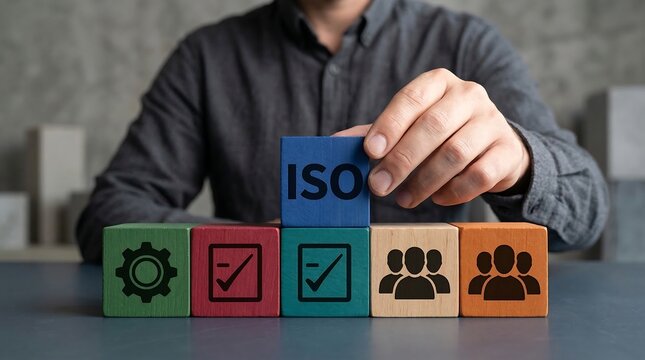 Man placing blue i s o block on of colorful blocks with various symbols