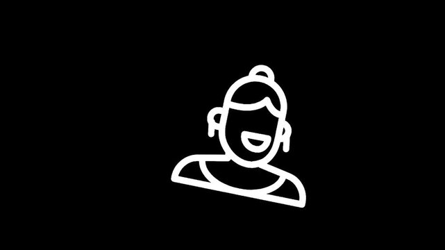 Simple line art icon of a laughing woman with her hair in a bun and wearing earrings
