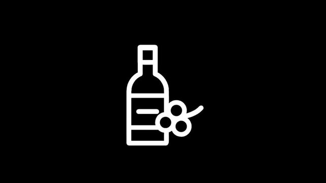 Minimalist white line art icon of a wine bottle with grapes on a black background