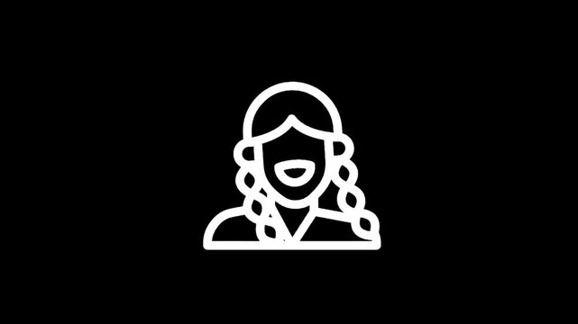 Stylized white outline icon of a smiling woman with braided hair on a black background