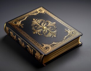 Fototapeta premium an ornate dark book with a golden edge resting on a gray surface