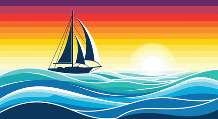 Naklejka premium Vintage retro sailing ship at sunset, flat vector illustration of sailboat on ocean waves, nostalgic summer vacation style, colorful gradient sky and sea