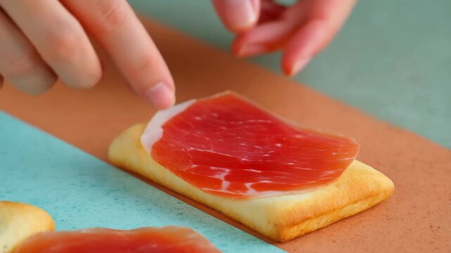 A close-up of hands carefully placing thin slices of ham onto a rectangular piece of bread on a colorful surface
