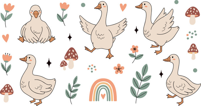 Cute goose cartoon character set with flowers mushrooms rainbow hearts nursery kawaii vector illustration collection