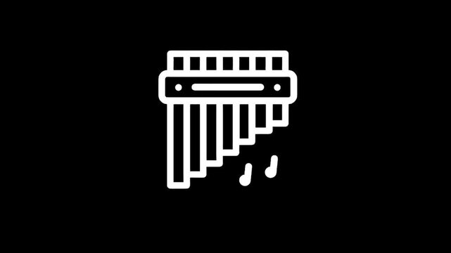 Simple white line art icon of a pan flute with musical notes on a black background