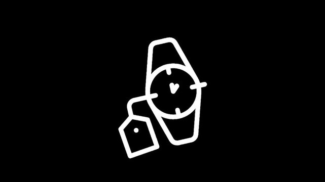 Simple line art icon of a wristwatch with a price tag attached to the strap