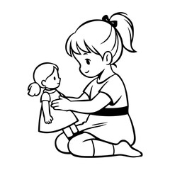 Dibujo sencillo con líneas de una niña feliz de rodillas, con ropa informal, jugando con una muñeca  © teracreonte