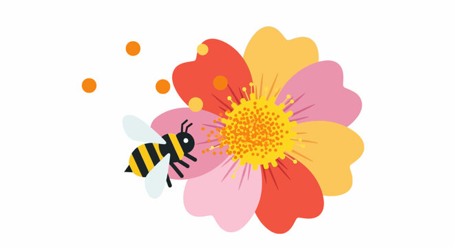 Busy honey bee with black and yellow stripes flying towards a colorful orange and pink flower with yellow pollen dust, isolated white background.