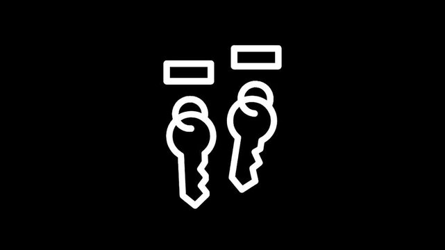 Two white keys with keychains hanging on a black background, minimalist icon