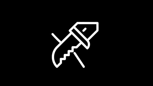 Simple white icon of a serrated knife with a handle on a black background