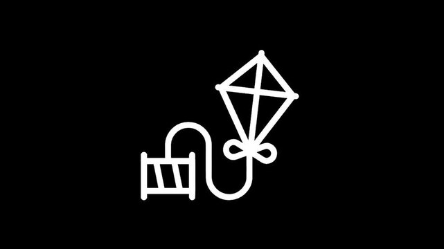 Simple white line drawing of a kite with a spool of string on a black background
