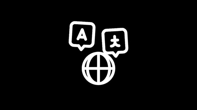 Global communication concept with language translation icons and a world globe