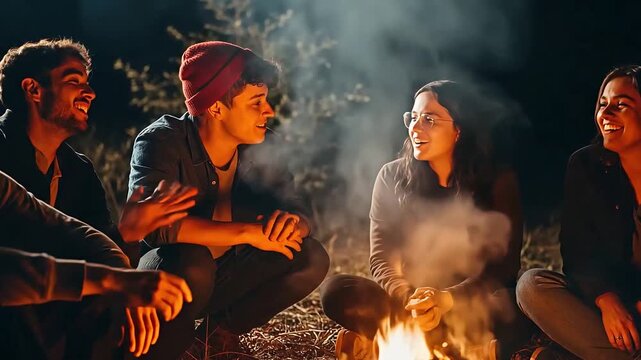 Friends gather around a campfire at night outdoors