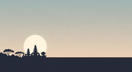 Obraz premium Serene Sunset Over a Tropical Island Silhouette with Ancient Temple Structures
