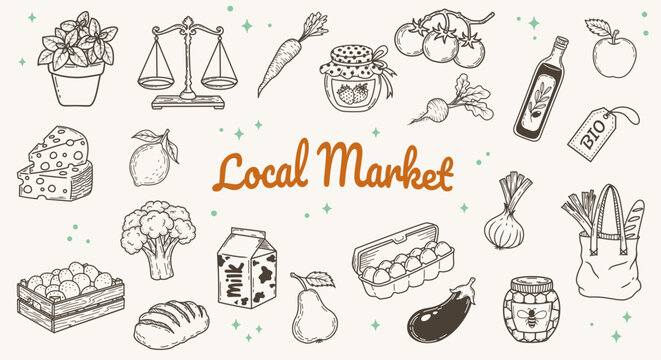 Farm to table local market doodle icons set, organic food hand drawn sketches, eco friendly grocery vector elements.