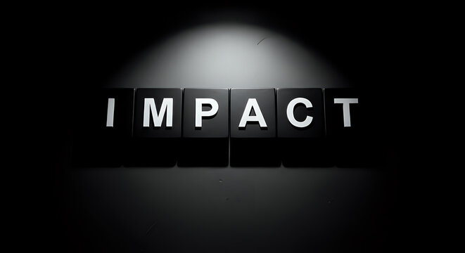 A spotlight shines on the word Impact made of cubes on transparent background