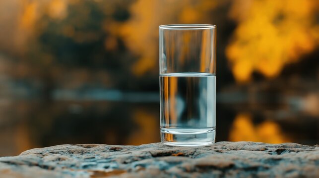 Water glass half full on a stone, portraying optimism or pessimism against a soft, autumn nature background