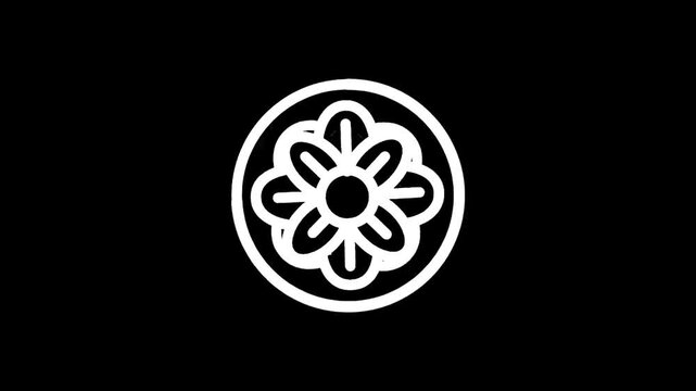 Geometric floral emblem with eight petals inside a circle on a black background