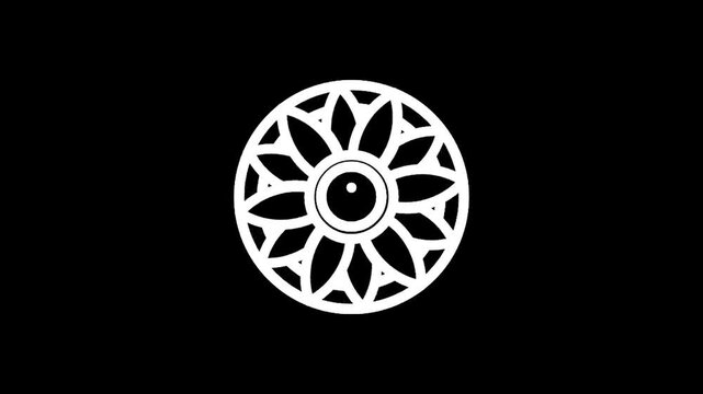 Minimalist white geometric mandala with an eye in the center on a black background