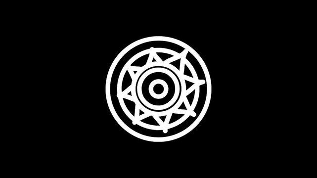 Abstract white circular emblem with geometric sunburst pattern on black background