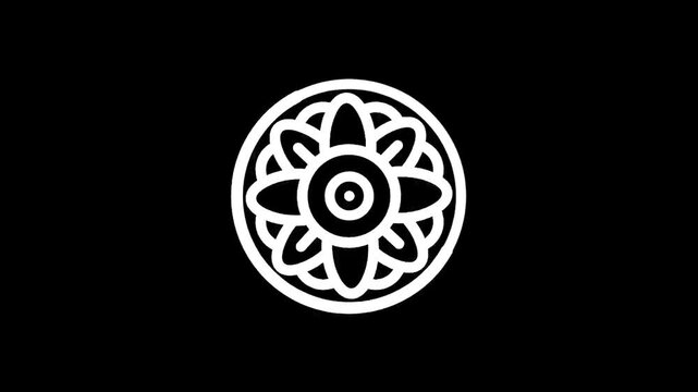 Stylized white floral mandala pattern on a solid black background