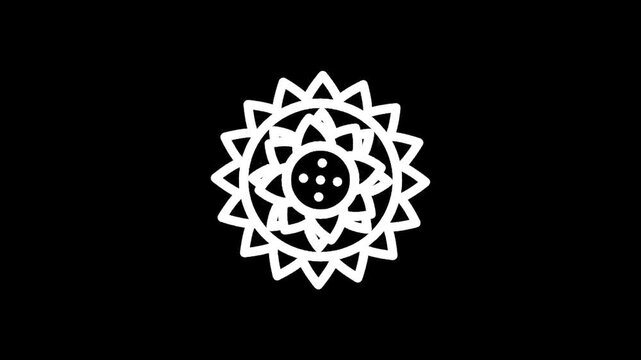 Simple white line art sunflower icon on a black background, minimalist design