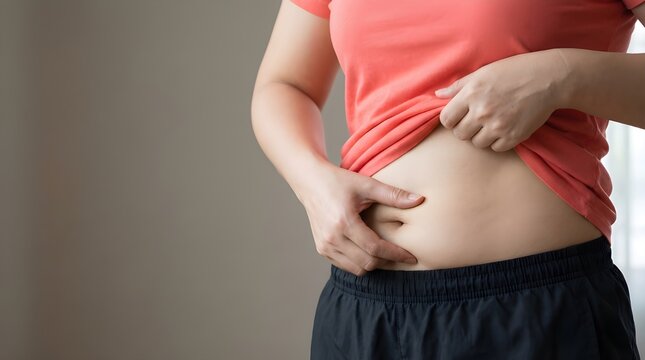 Woman holding and pinching her excess belly fat with both hands, focusing on weight concerns.