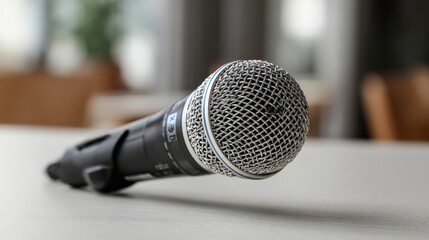Journalist's microphone sits on a light grey table, ready for their work.