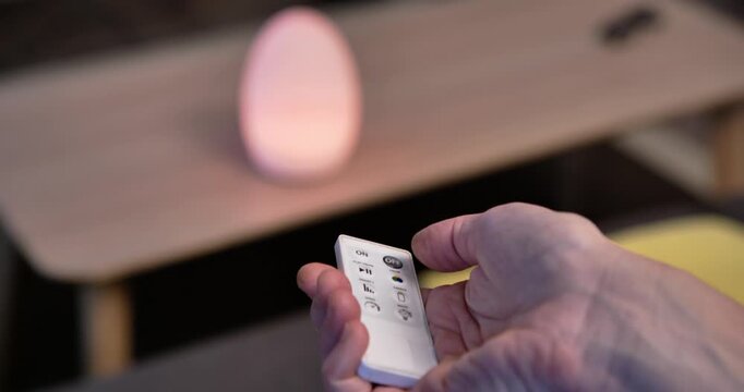 Illuminated Serenity: A hand delicately holds a remote control, poised to adjust the soft glow emanating from an egg-shaped lamp, offering a sense of tranquility and modern design.