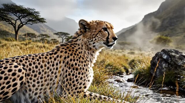 Majestic Cheetah Resting Near Stream in African Savannah Landscape, Wildlife Nature