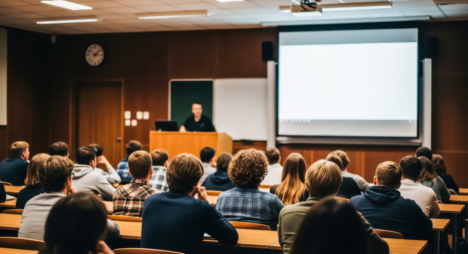 University lecture hall with students attentively listening to a professor during an engaging educational session